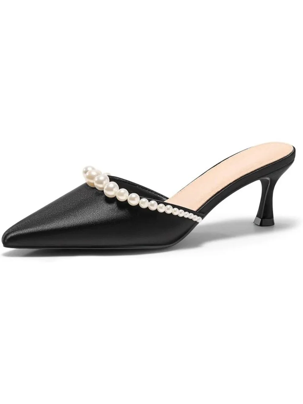 Women's Mules Black Pearl Kitten Heel Closed Pointed Toe Ankle Strap Dress Shoes